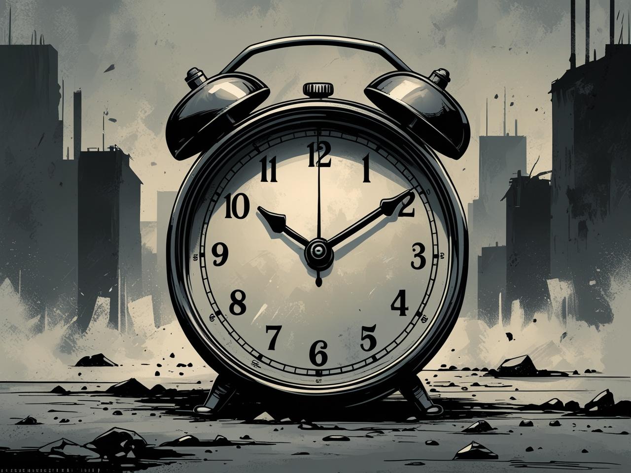 暗い背景のタイマーがカウントダウンするイラスト。2025年の日銀・FOMC政策、雇用統計の衝撃、トランプの政治介入による景気後退リスクの高まりを象徴。